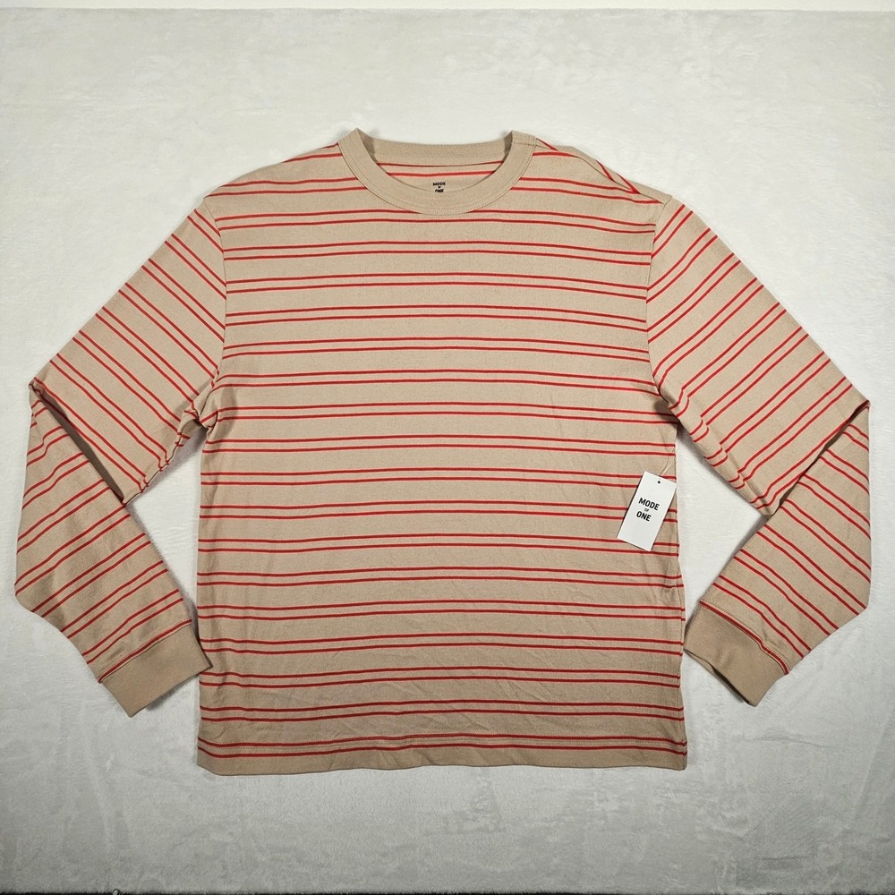 MODE OF ONE Mens Tan Red Stripe Long Sleeve Crew Neck‎ T Shirt Cotton Size Small